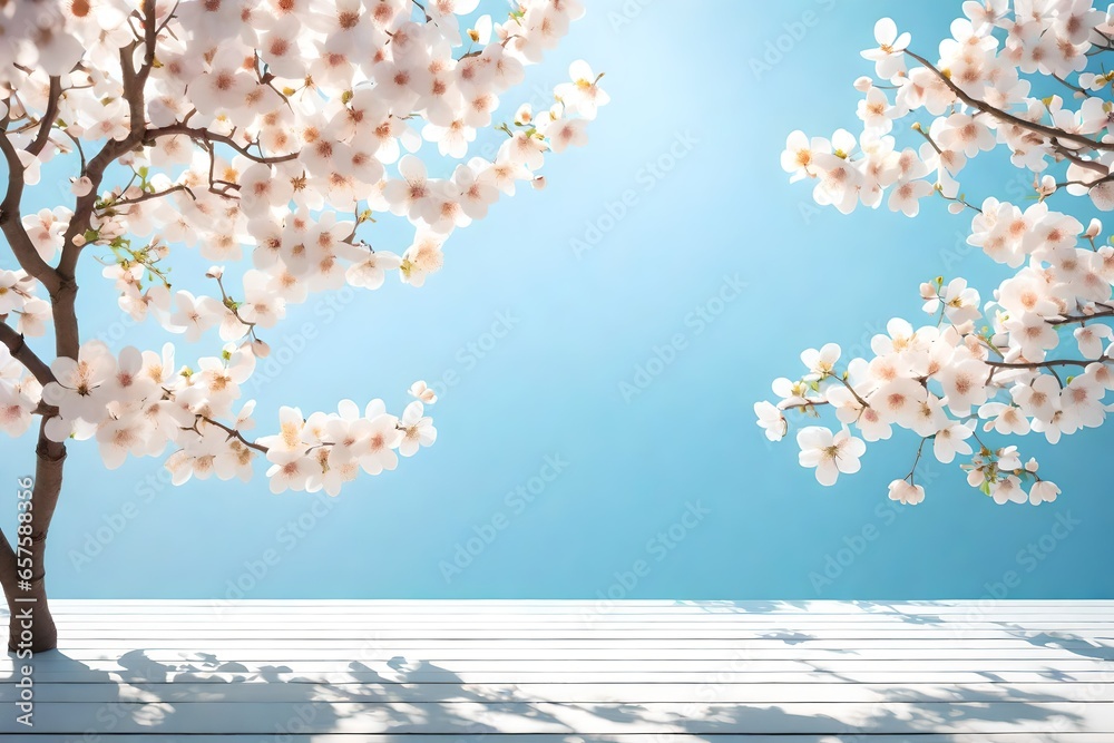 Craft an elegant 3D rendering capturing the delicate beauty of nature in spring. Focus on the intricate details of apricot blossoms in macro, set against a gentle light blue sky background