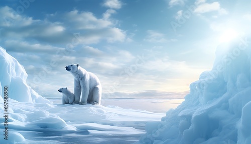 Two polar bears sitting on the ice in the sun. 3d rendering