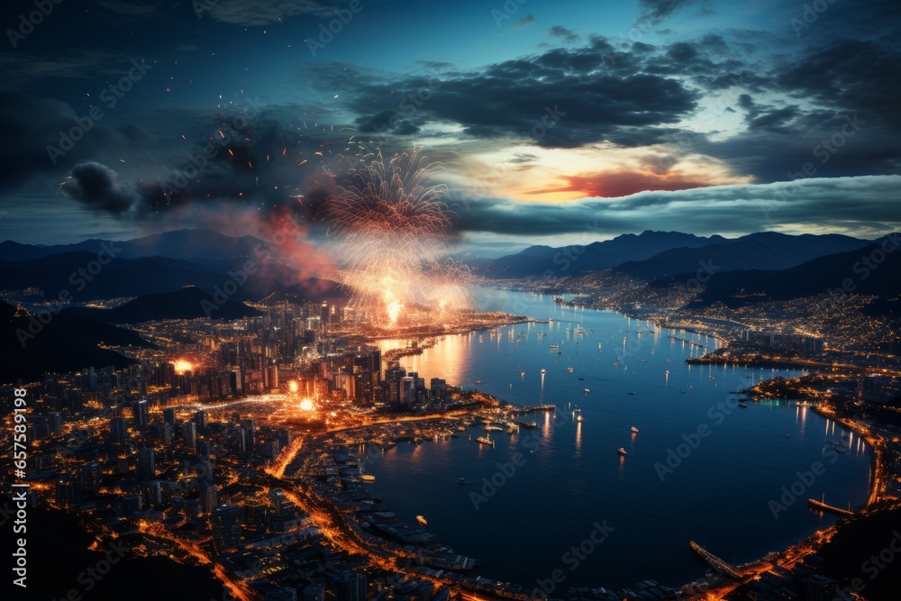 Rio Carnival fireworks lighting up the night sky in celebration, Generative AI