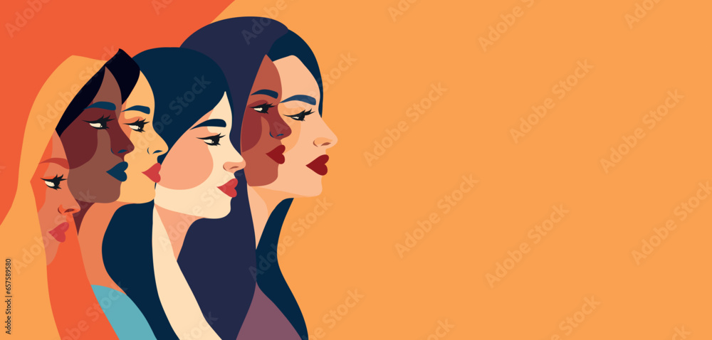 Vector flat flat horizontal banner place for text for International Women's Day, women portrait faces of different cultures Vector flat flat horizontal banner place for text for International Women's Day, women portrait faces of different cultures
