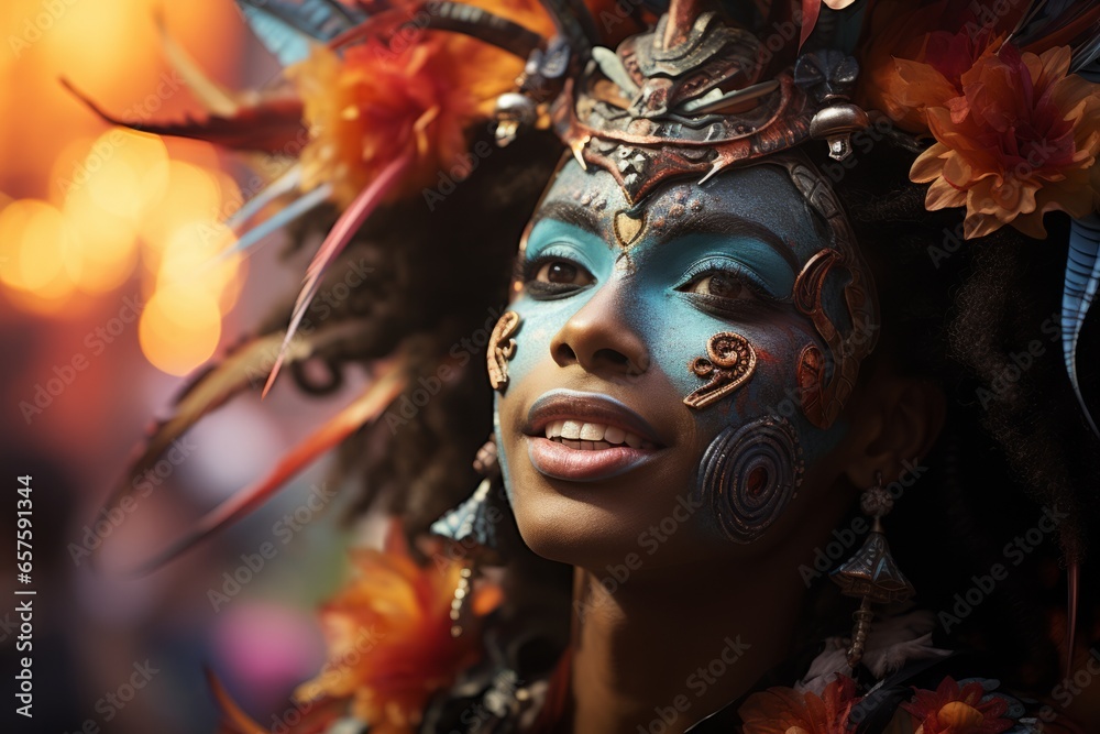 Rio Carnival reveler wearing an oversized and whimsical mask, Generative AI Rio Carnival reveler wearing an oversized and whimsical mask, Generative AI