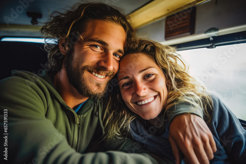 Couple portrait in van travel. Portrait of laughing boyfriend and girlfriend in camper van. Happy young couple in a van © VisualProduction