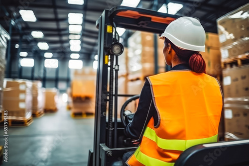 Female worker driving forklift in industrial container. Shot of an attractive young female stock controller driving a forklift through warehouse