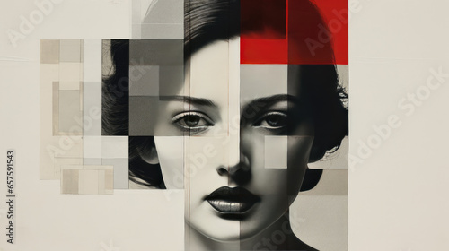 Editorial Image: Woman with Red Lipstick Concealing Mental Health Struggles in Decoupage Collage.