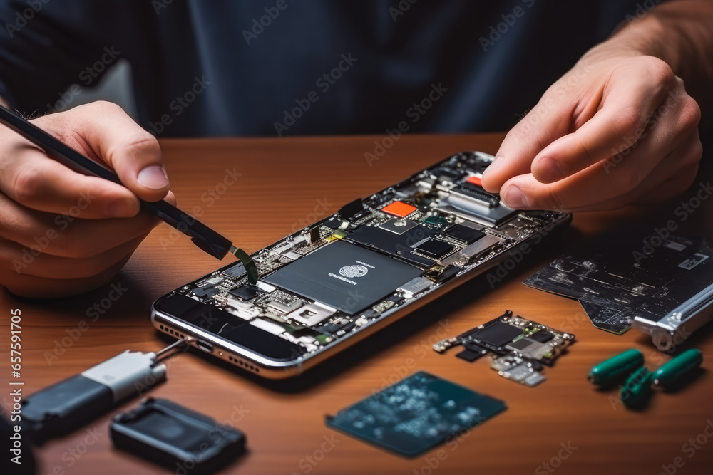 A technician repairing a broken smartphone. Technician disassembling smartphone with screwdriver. Smart phone repairing hands man screwdriver. A technician repairing a broken smartphone. Technician disassembling smartphone with screwdriver. Smart phone repairing hands man screwdriver.