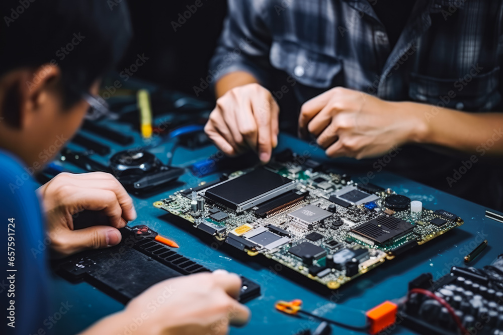 A technician repairing a broken smartphone. Technician disassembling smartphone with screwdriver. Smart phone repairing hands man screwdriver.