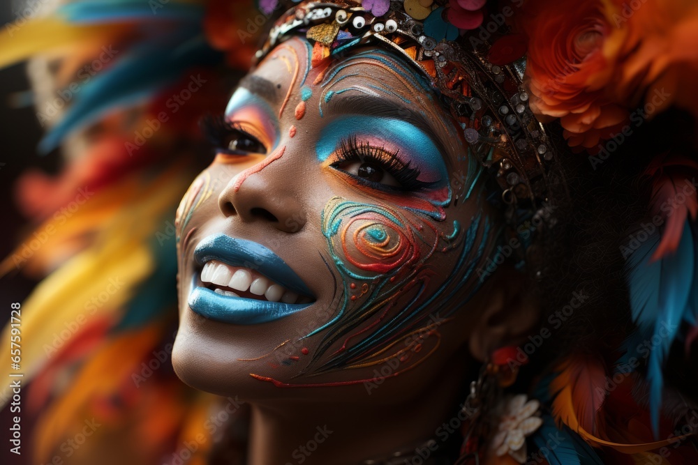 Rio Carnival reveler with a colorful mask and a playful expression, Generative AI