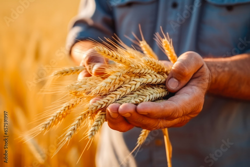 Wheat in the hands of a farmer. Grain deal concept. Close up of hands holding wheat grain. Wheat fields harvest. Close up hands examining wheat growth