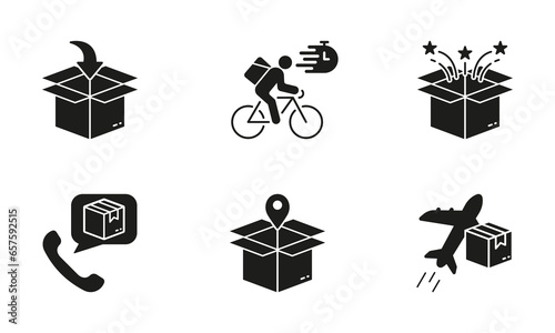 Bike Delivery Service Silhouette Icon Set. Global Shipping Glyph Pictogram. Parcel Box Solid Sign. Air Transportation, Order Shipment Symbol Collection. Isolated Vector Illustration