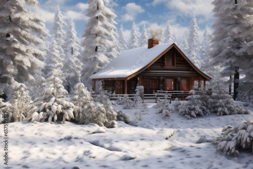 Enchanting Snowscape: Cabin Amidst Snowy Trees