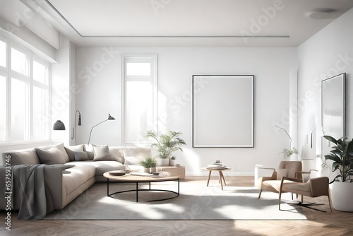 Generate a sophisticated 3D rendering of a mockup frame seamlessly integrated into a stylish living room interior. Pay attention to realistic lighting and textures to convey the ambiance of the space © usman