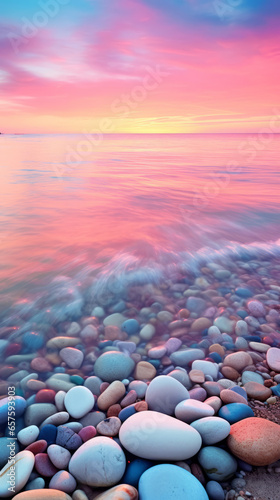 A beach covered in lots of rocks under a colorful sky