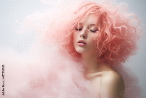 Romantic woman portrait with pastel pink hair on white background