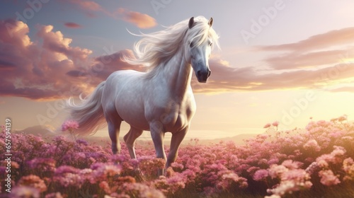 Magnificent white stallion horse roaming free in a meadow of pink blooming spring wild flowers, beautiful mane hair gently blowing in the wind.  © SoulMyst