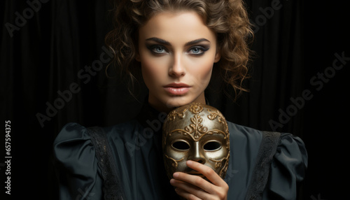Theatrical portrait of a woman with a mask in her hands, a girl at a masquerade in ancient times. Created with AI
