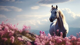 Magnificent white stallion horse roaming free in a meadow of pink blooming spring wild flowers, beautiful mane hair gently blowing in the wind. 