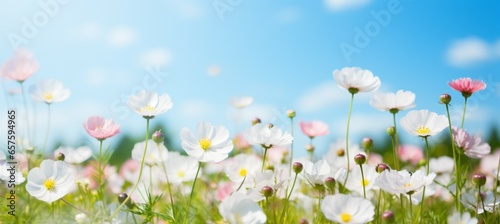 Spring flower field. Generative AI technology.   © Hero Design
