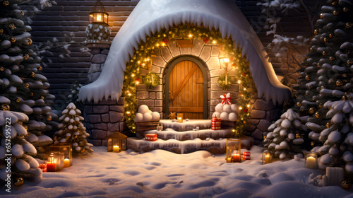 Christmas scene with snow covered house and lit up door and steps. © OLHA