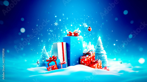 Blue gift box with red bow and christmas tree in the background. © OLHA