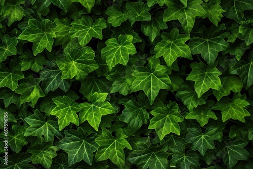 Lush greenery. Ivy covered garden wall. Nature tapestry. Fresh leaves on wall. Summer greens. Close up of leaf on fence. Botanical beauty. Vibrant patterns © Thares2020
