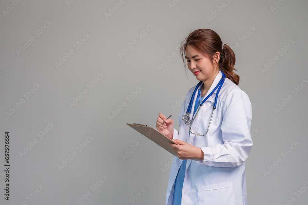 Portrait of a smiling female doctor holding a clipboard, wearing a medical coat and stethoscope, gray background. Portrait of a smiling female doctor holding a clipboard, wearing a medical coat and stethoscope, gray background.