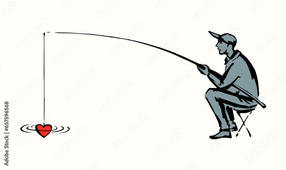 Obraz premium Vector drawing. The fisherman catches the heart
