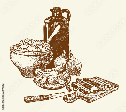 Vector still life. Traditional Slavic food: potatoes in a clay pot