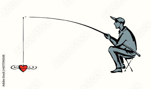 Vector drawing. The fisherman catches the heart