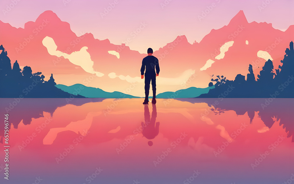 2d nature landscape mountains tree sun lake water gradient pastel background wallpaper ai generative 2d nature landscape mountains tree sun lake water gradient pastel background wallpaper ai generative