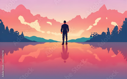 2d nature landscape mountains tree sun lake water gradient pastel background wallpaper ai generative 