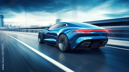 Rear view of blue car on high speed  Motion speed blur