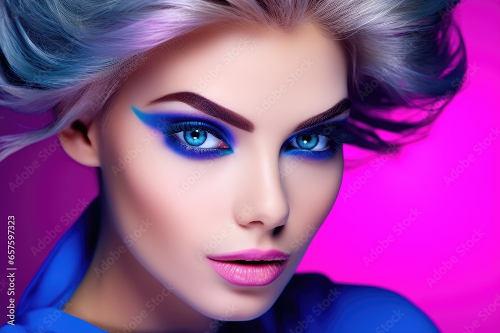 Fashion female model on bright neon pink background. Glitter vivid neon makeup, trendy glowing make-up concept	