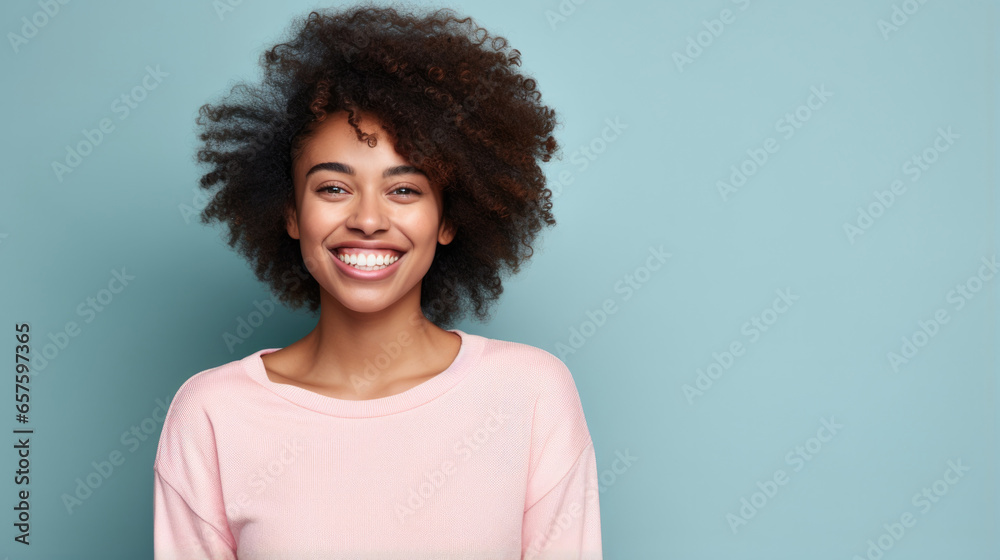 Beautiful african american girl with an afro hairstyle on light blue color background, copy space, generative ai Beautiful african american girl with an afro hairstyle on light blue color background, copy space, generative ai