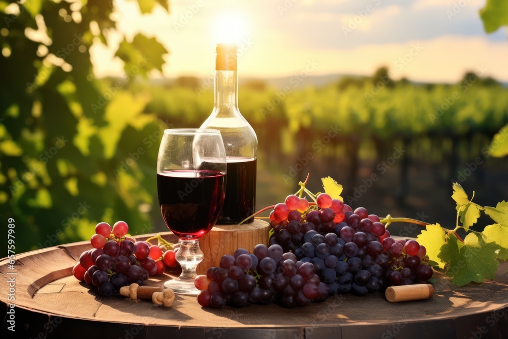 A bottle of wine with poured wineglass stands on a wooden barrel. Exquisite taste wine for your romantic evening. Ripe red grapes. Sunset over the vineyard.