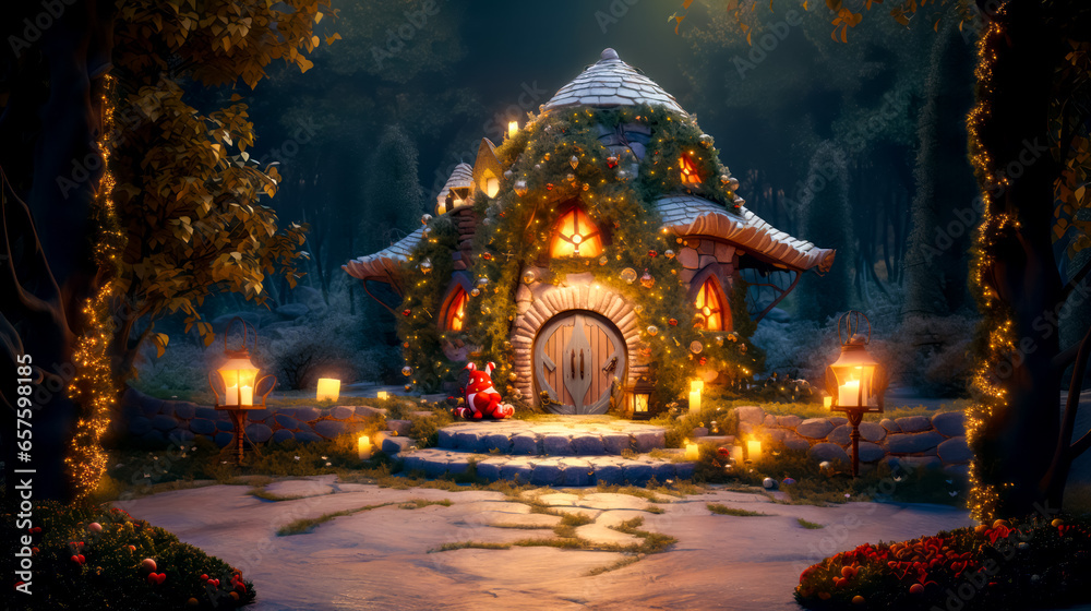 Christmas scene with fairy house with lights and teddy bear sitting in front of it.