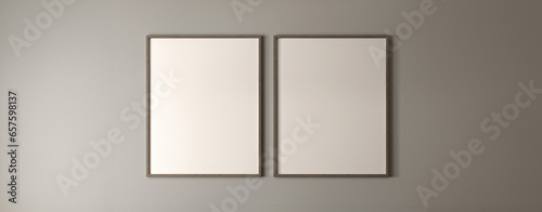 Boho gray empty wall with two picture frame background. Light modern japanese nature view. 3d rendering. High quality 3d illustration