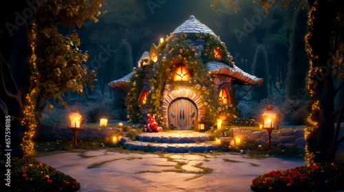 Christmas scene with fairy house with lights and teddy bear sitting in front of it.