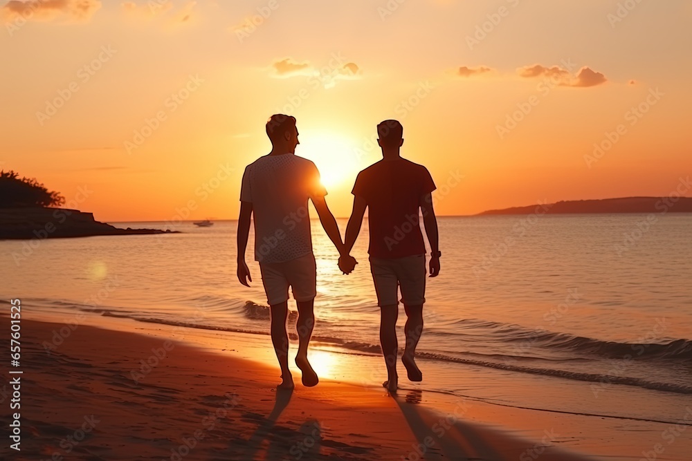 Loving gay couple on beach at sunset. Summer vacation together. Love, ocean, male couple walking in nature. Romantic moment of a loving couple.