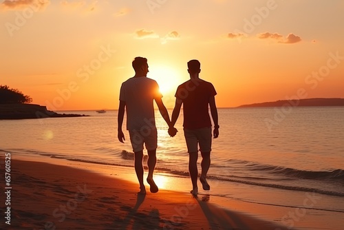 Loving gay couple on beach at sunset. Summer vacation together. Love  ocean  male couple walking in nature. Romantic moment of a loving couple.