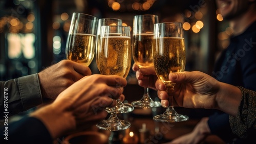 Visualize a group of friends toasting with glasses of champagne, symbolizing the joy of welcoming a new beginning