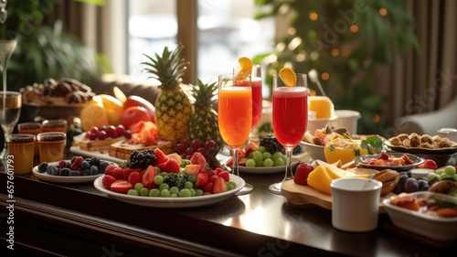 An image of a beautifully set brunch table with fresh fruits, pastries, and mimosas, symbolizing a relaxed and joyful start to the new year