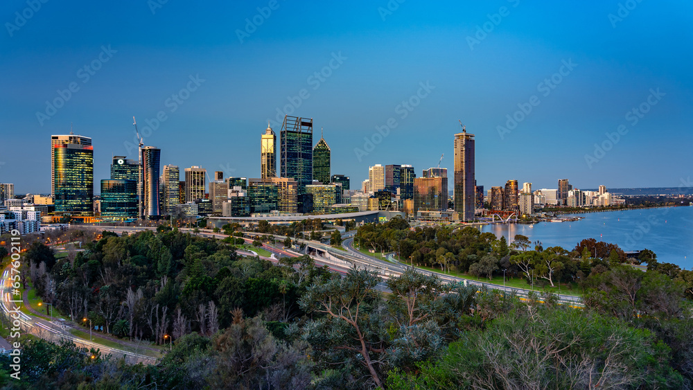 Perth, WA, Australia - Panoramic view of the city at sunset - obrazy, fototapety, plakaty 
