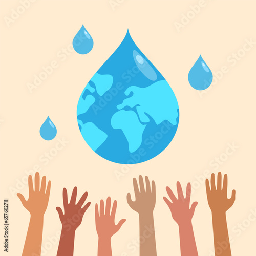 Hands trying to reach out for water drops. Access to clean water concept. 