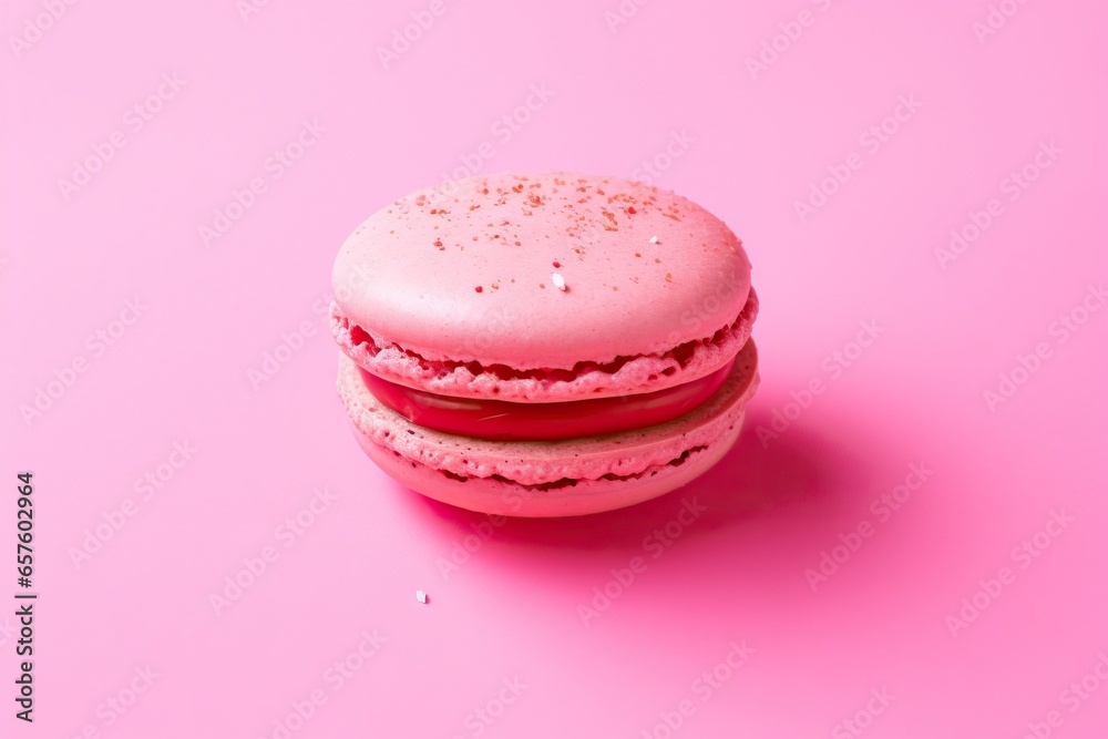 Strawberry macaroon isolated on pink background. French raspberry cookie. Gift for 8 March, International Women's Day, Valentine Day. Bakery concept with copy space Strawberry macaroon isolated on pink background. French raspberry cookie. Gift for 8 March, International Women's Day, Valentine Day. Bakery concept with copy space