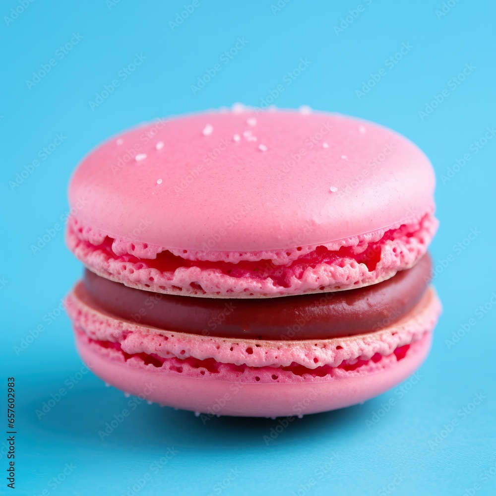 Strawberry macaroon isolated on  blue background.  French raspberry cookie. Gift for 8 March, International Women's Day, Valentine Day. Bakery concept with copy space