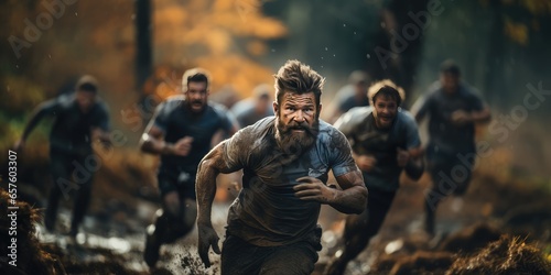 Rugby player in possession of the ball and trying to advance