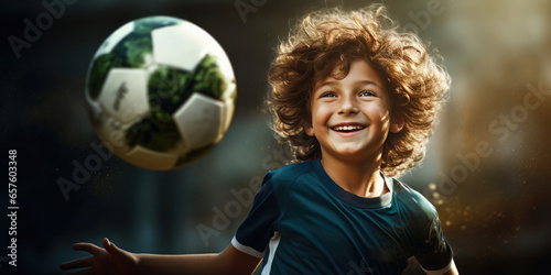Portrait of a child looking at a soccer ball and smiling. © Creative Clicks