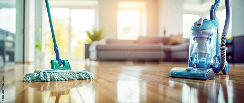 Floor cleaning with mob with cleanser foam and vacuum cleaner at home. Cleaning tools on parquet floor, digital ai	 - obrazy, fototapety, plakaty 