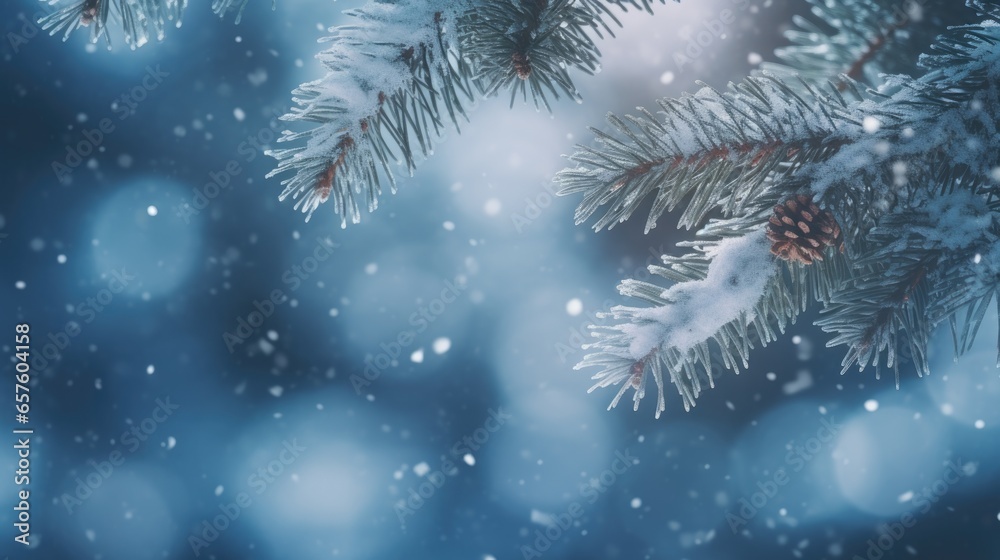 Winter background with pine branches and falling snowflakes, generative ai