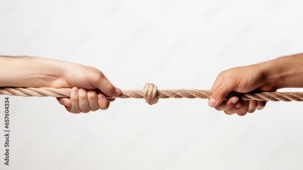 two hands pulling rope on white background - obrazy, fototapety, plakaty 